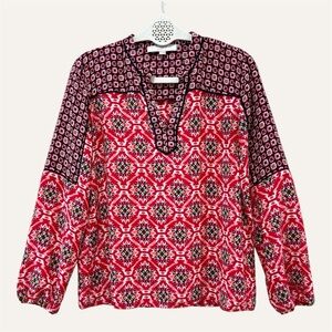 LOFT Red Mosaic Print V Neck Blouse Size XS Gypsy Boho